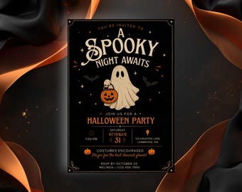 Editable Halloween Template, Spooky Ghost Invite, Vintage Halloween Invitation, Printable Canva Party