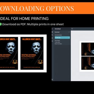May include: Digital download graphic with the text "Downloading Options" in an orange banner. The image shows two Halloween party invitations with a Michael Myers design, and a PDF download option.