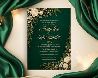 Emerald Green Wedding Template, Ivory Rose Floral Invite, Gold Elegant Garden Invitation, Editable Digital Download