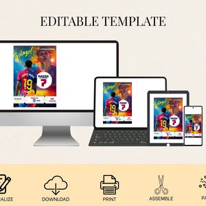 K&ouml;nnte beinhalten: Eine digitale Vorlage, die auf verschiedenen Ger&auml;ten angezeigt wird, darunter ein Desktop-Monitor, ein Laptop, ein Tablet und ein Smartphone. Die Vorlage zeigt ein Fu&szlig;ball-Design mit dem Wort "Golazo" und dem Namen "Mason" mit den Zahlen 7 und 19.