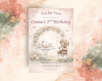 Tea for Two Birthday Invitation Template, Teddy Bear Invite, Floral Party, Girl's Birthday