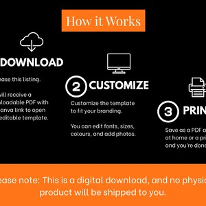 May include: Infographic on a black background with white text and icons. The orange banner at the top reads "How it Works." Steps include download, customise, and print. The bottom banner states this is a digital download.