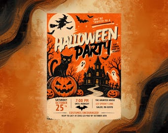 Editable Retro Halloween Party Invitation, Adult Invite, Vintage Spooky Party, Haunted House Canva Template