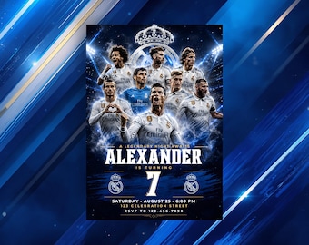 Real Madrid Birthday, Soccer Party Invite, Football Template, Madrid Fan Digital Invitation