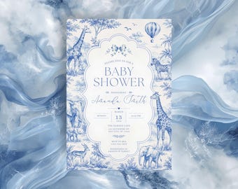 Blue Safari Invitation Template, Toile Jungle Baby Shower, Editable Boy Baby Shower Invite