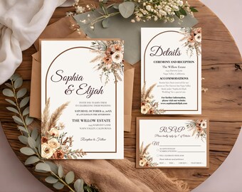 Boho Pampas Wedding Invitation Bundle, Rustic Floral Wedding Invite Suite, Editable RSVP Details Card, Terracotta Wedding Template, BWD001