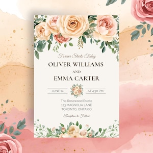 Creamy Rose Wedding Invitation Editable Floral Template Canva Digital Download
