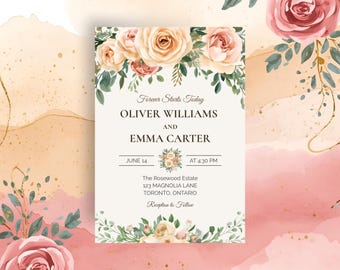 Creamy Rose Wedding Invitation Editable Floral Template Canva Digital Download