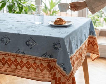 Blue Cotton Crinkle Tablecloth with Pink & Orange Floral Embroidery – Handmade Eclectic Summer Table Linen