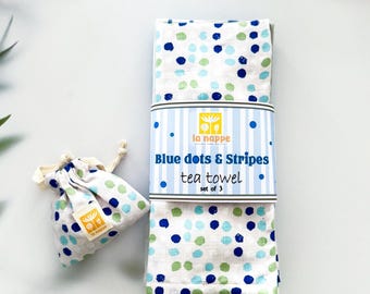 Blue Dots and Stripes Tea Towels Set – Muslin, Cotton & Linen with Lavender Sachet