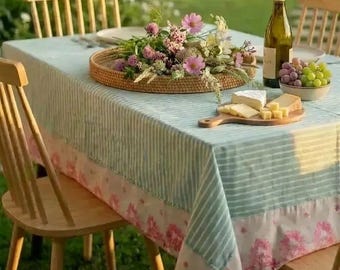 Mint Striped Linen Tablecloth with Pink Floral Embroidery, French Country Farmhouse Table