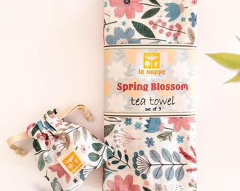 Spring Blossom Tea Towel Set: Muslin, Cotton & Linen with Lavender Sachet