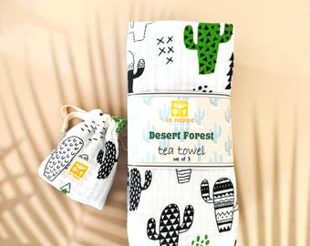 Cactus Print Tea Towel Set – Muslin & Cotton, Eco-Friendly Gift
