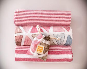 Pink Triangles Tea Towel Gift Set: Muslin & Cotton with Lavender Sachet