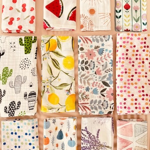 Organic Cotton Muslin Tea Towels – Printed Kitchen Towels (12 Designs)