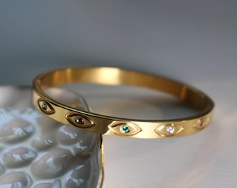Gold Evil Eye Bangle, Tarnish-Free Stainless Steel, Multicolored Gemstones Protection Bracelet