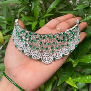 Luxurious Green Emerald and CZ Necklace with Matching Earrings Set