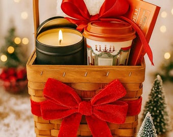 Warm Christmas Gift Basket with Socks, Candle, Hot Cocoa & Dark Chocolate