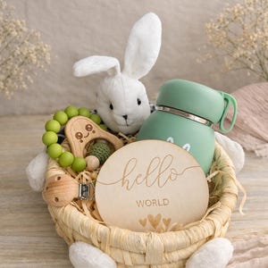 Cesta de regalo para bebé / Termo, sonajero, cartel de hitos, regalo de Pascua