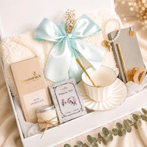 Self Care Gift Box, Cozy Blanket, Tea, Chocolate, Journal, Candle