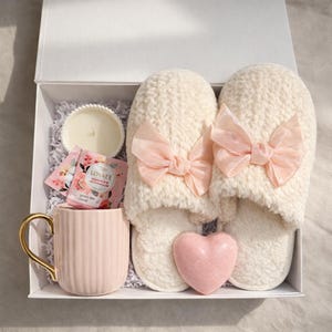 Cozy Relaxation Gift Box – Warm Slippers, Candle, Bath Bomb, Tea & Chocolate | Self Care Gift image 1