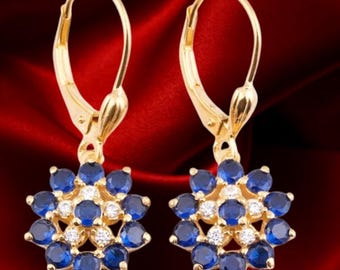 Handmade Drop Earrings Round Cut Blue Sapphire Drop/Dangle Earrings, 14k Yellow Gold Flower Diamond Earrings, Women's Wedding Earrings,