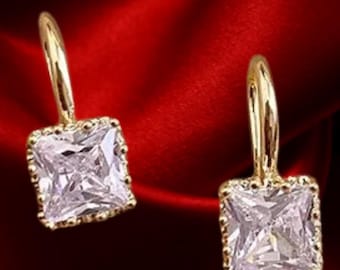 Princess Cut Moissanite Drop Earrings: Yellow Gold Plated Sterling Silver