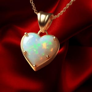 14Kt Gold Sterling Silver Pink Opal Heart Necklace, Opal Pendant, October Birthstone Gold Necklace