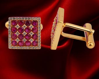 Red Ruby 925 Sterling Silver Cufflinks Square – Gold Finish Men’s Cufflinks, Groom Wedding Gift, Ruby Look Diamond Formal Tuxedo Jewelry