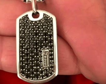 Black Diamond Dog Tag Pendant, 14k White Gold Over, 925 Sterling Silver, Unisex Swag Pendant, Charming Pendant Necklace, Birthday Gift