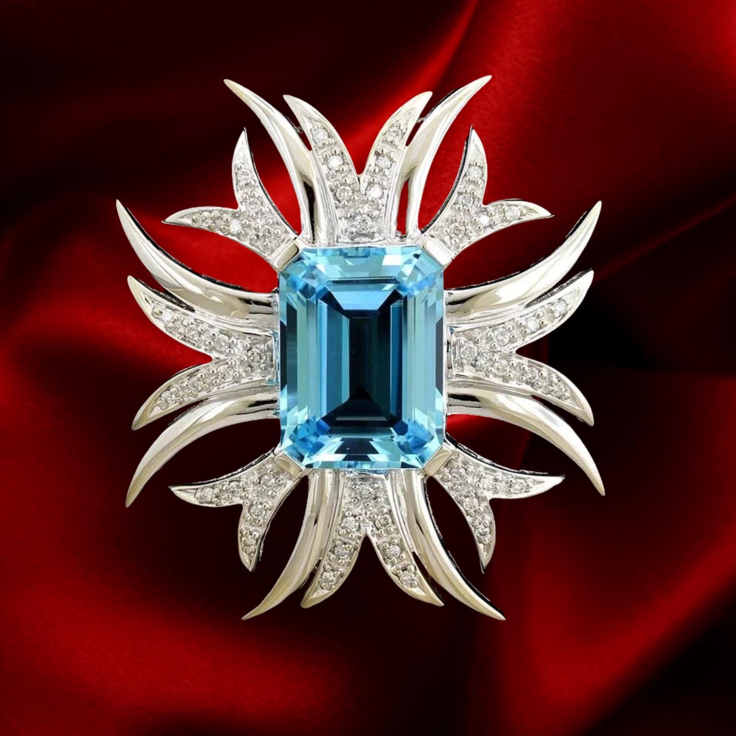 Diamond Pin Brooch For Men/Women Emerald-Cut Aquamarine 925 Sterling Silver Handmade Wedding Wear Brooch, Anniversary Gift For Couple
