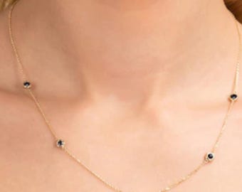 14k Gold Edelstein Saphir Halskette, Blauer Saphir Station Halskette, 14k Gold Halskette, Gold Lünette Halskette, September Birthstone, Gwen