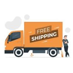 K&ouml;nnte beinhalten: Ein orangefarbener Lieferwagen mit schwarzen R&auml;dern und einem gro&szlig;en rechteckigen Laderaum. Die Worte "FREE SHIPPING" sind auf der Seite des Lastwagens zu sehen. Eine Person steht neben dem Lastwagen.