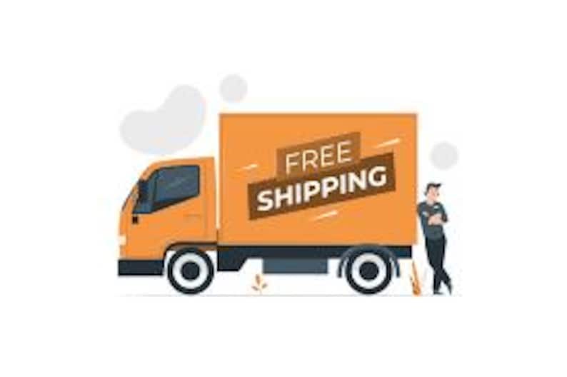 K&ouml;nnte beinhalten: Ein orangefarbener Lieferwagen mit schwarzen R&auml;dern und einem gro&szlig;en rechteckigen Laderaum. Die Worte "FREE SHIPPING" sind auf der Seite des Lastwagens zu sehen. Eine Person steht neben dem Lastwagen.