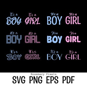 以下が含まれることがあります： 黒い背景に、青とピンクで「It's a BOY」と「It's a GIRL」のフレーズが様々なスタイルで表示されています。画像の下部には「Rosemary Pixels SVG PNG EPS PDF」というテキストがあります。