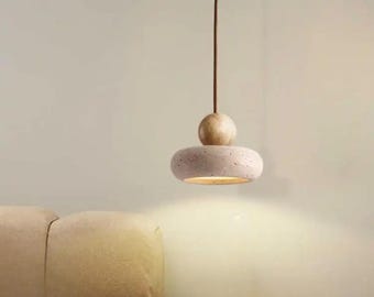 Wabi-Sabi Stone Pendant Light – Walnut or Wood Base – Minimalist Japandi Ceiling Lamp with 180cm Adjustable Cord – Natural Design
