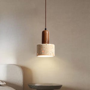 Wabi Sabi Stone Pendant Light: Walnut Base Japandi Ceiling Lamp