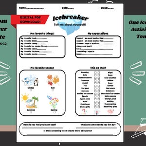 Icebreaker Activity Sheet for Students K-12, Classroom Template for Teachers, Digital PDF Download 8.5x11 in