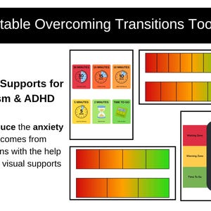Op de afbeelding: Printbare visuele hulpmiddelen voor autisme en ADHD. Bevat tijdkaarten, kleurgecodeerde voortgangsbalken en een verkeerslicht visualisatie. Tekst: "Help de angst die voortkomt uit overgangen te verminderen met behulp van deze visuele hulpmiddelen."