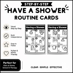 Könnte beinhalten: Schwarz-weiße "Duschroutine-Karten" mit Schritt-für-Schritt-Anleitungen. Die Karten enthalten Illustrationen zum Einschalten der Dusche, zum Überprüfen der Temperatur und zum Anziehen. Die Karten sind visuell und leicht verständlich.