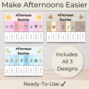 Peut inclure: Trois tableaux de routine de l'après-midi illustrés pour enfants. Chaque tableau comprend des sections pour des tâches telles que ranger, dîner et dormir. Le texte "Make Afternoons Easier" et "Ready-To-Use" sont également visibles.