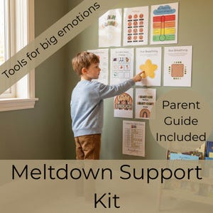 May include: A young child interacts with a "Meltdown Support Kit" on a wall, featuring posters with emotional regulation tools. The kit includes guides and visual aids, such as a thermometer and star breathing exercises. Text includes "Parent Guide Included."