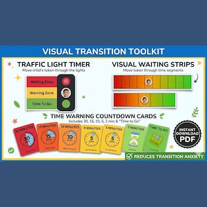 自閉症・ADHD向け視覚タイマーツールキット｜印刷可能な移行カード、待機ストリップ（即時ダウンロード）