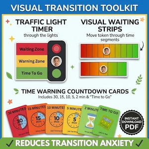 Kit de herramientas de temporizador visual para autismo y TDAH / Tarjetas de transición imprimibles, tiras de espera (descarga instantánea)