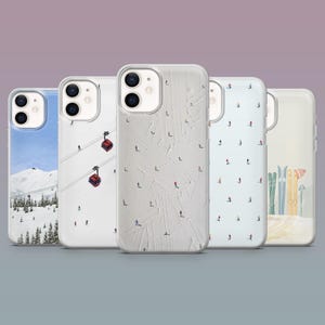 May include: A collection of five phone cases with winter sport-themed designs. The cases feature images of skiers, ski lifts, and snowy mountain landscapes in various color schemes, including blue, white, and red.