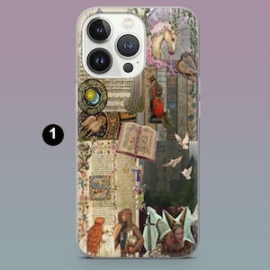 May include: A phone case featuring a collage of medieval illustrations. The design includes a unicorn, open books, figures in period clothing, and decorative circular emblems. The color palette is dominated by beige, brown, and touches of red and gold.