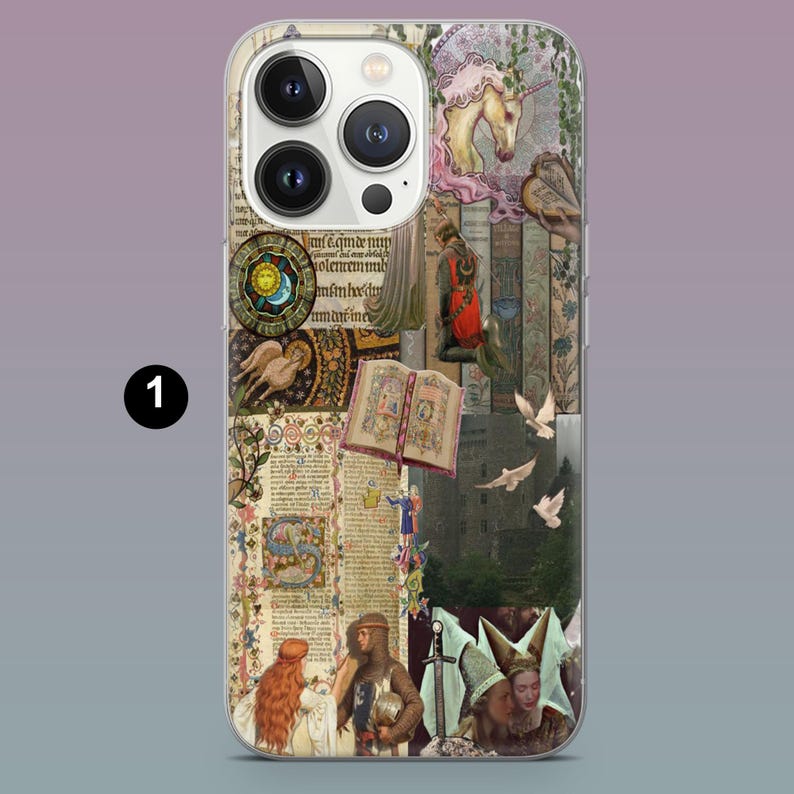 May include: A phone case featuring a collage of medieval illustrations. The design includes a unicorn, open books, figures in period clothing, and decorative circular emblems. The color palette is dominated by beige, brown, and touches of red and gold.