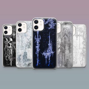 May include: A collection of phone cases with various gothic-inspired designs. The cases feature illustrations in black, white, and blue, including a fairy, abstract patterns, and a castle. The cases are displayed against a gradient purple background.
