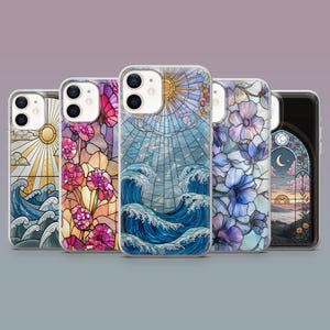 May include: A collection of five phone cases with stained glass designs. The cases feature images of ocean waves, flowers, and a sun. The color palette includes blues, pinks, and yellows, creating a vibrant and artistic aesthetic.