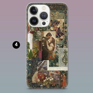 May include: Clear phone case with a collage design featuring vintage illustrations. The design includes a romantic scene of a couple kissing, floral patterns, and text that reads "The Storytellers Treasury". The case has a clear border.